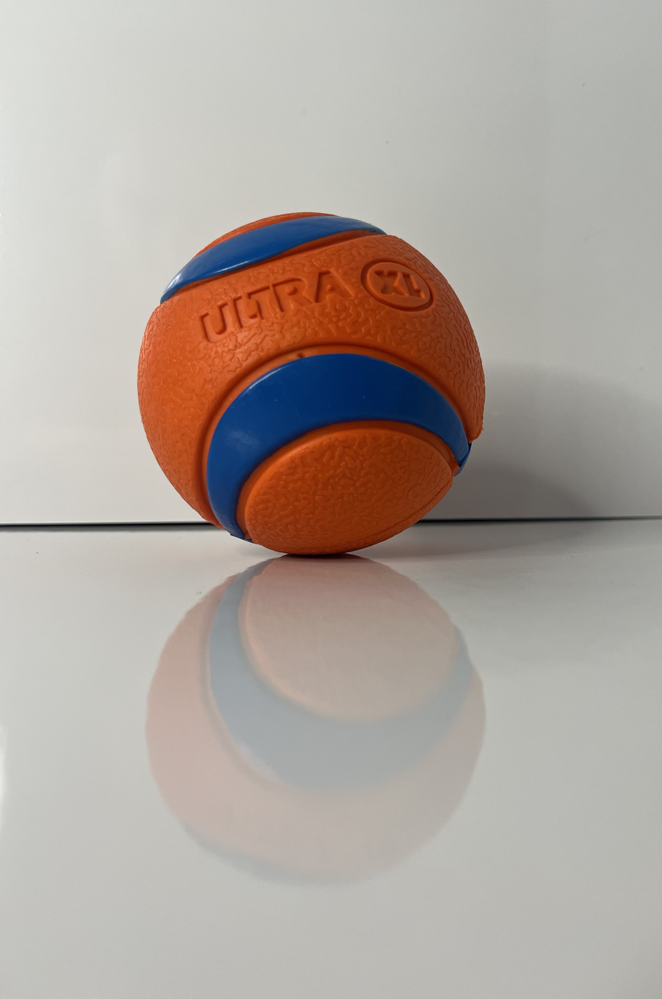 A bright orange and blue textured rubber dog ball is shown reflecting against a glossy white surface.