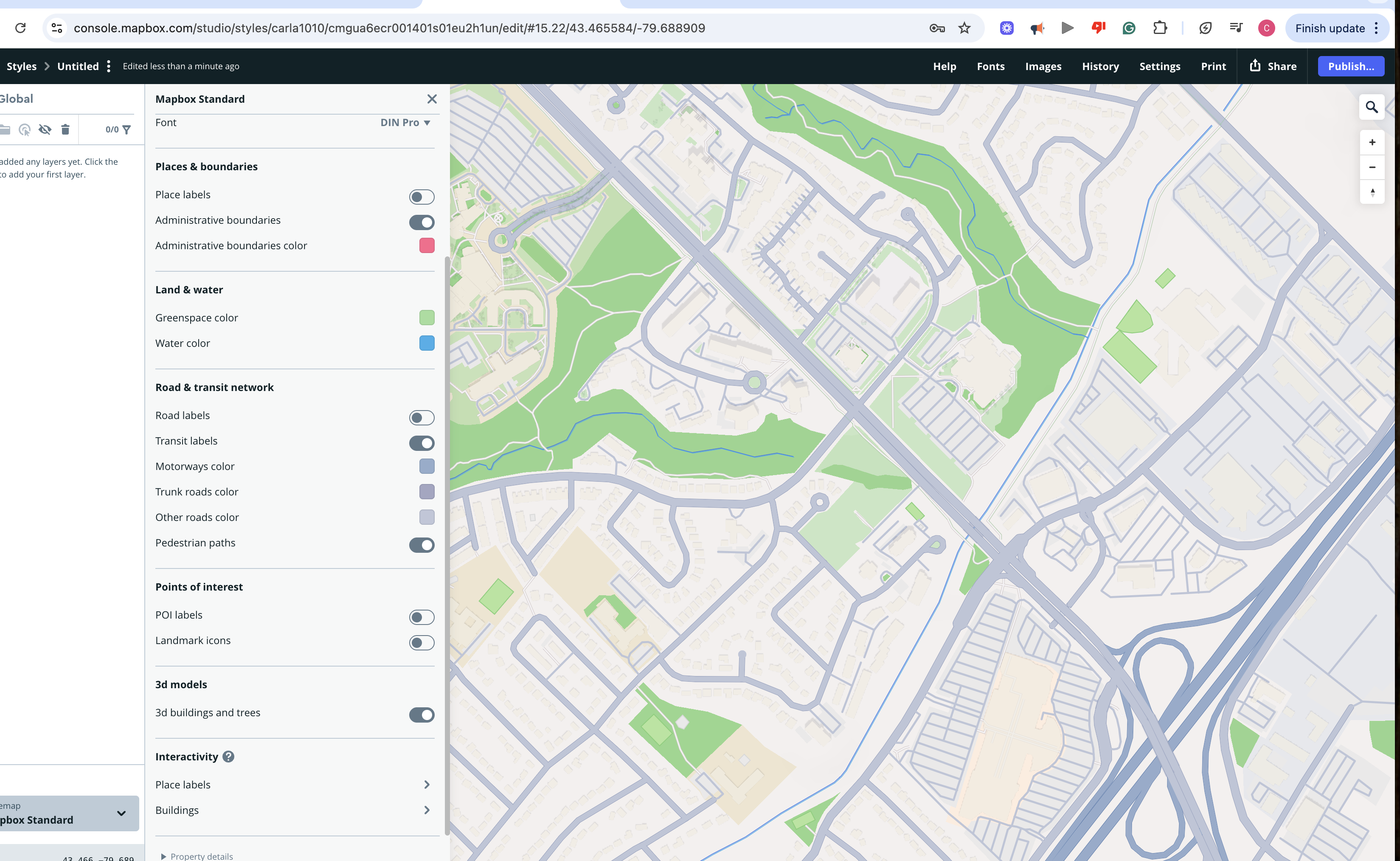 A closer view highlights refined road-network styling, greenspace adjustments, and transit label controls.