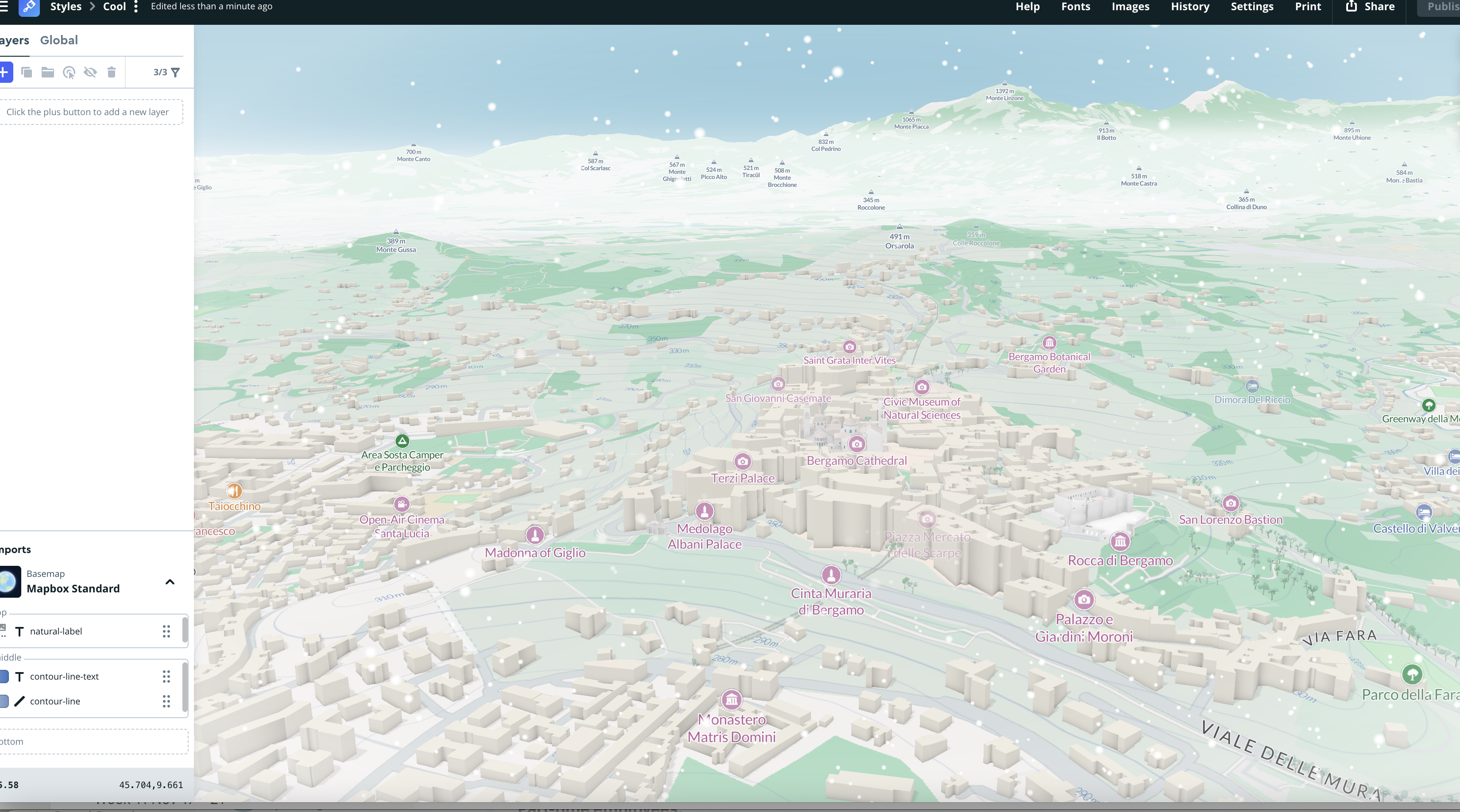 A 3D terrain rendering appears with contour lines and gentle snowfall drifting over the mountainous city landscape.