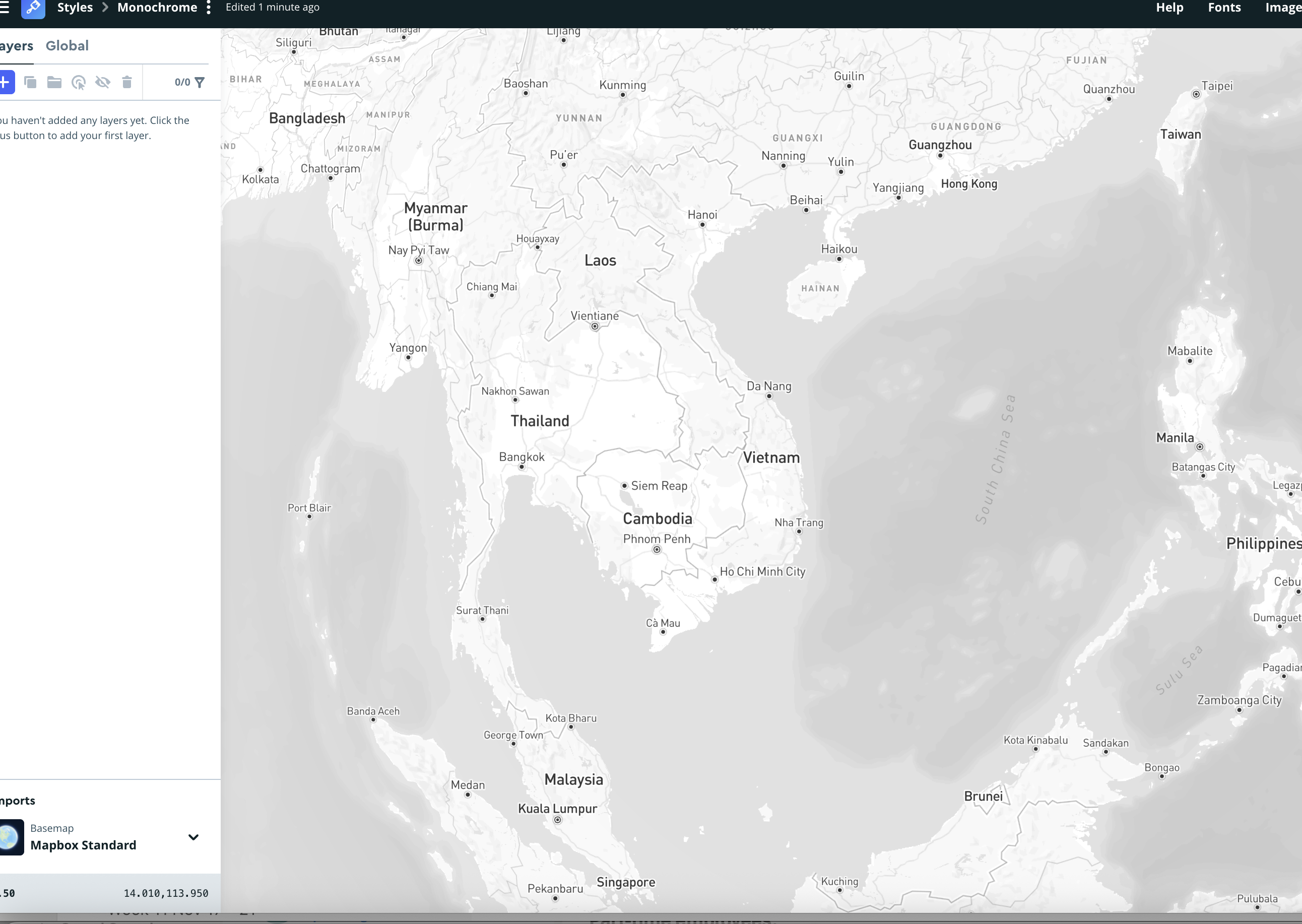 The monochrome style applies a grayscale palette across Southeast Asia, emphasizing terrain and administrative boundaries.