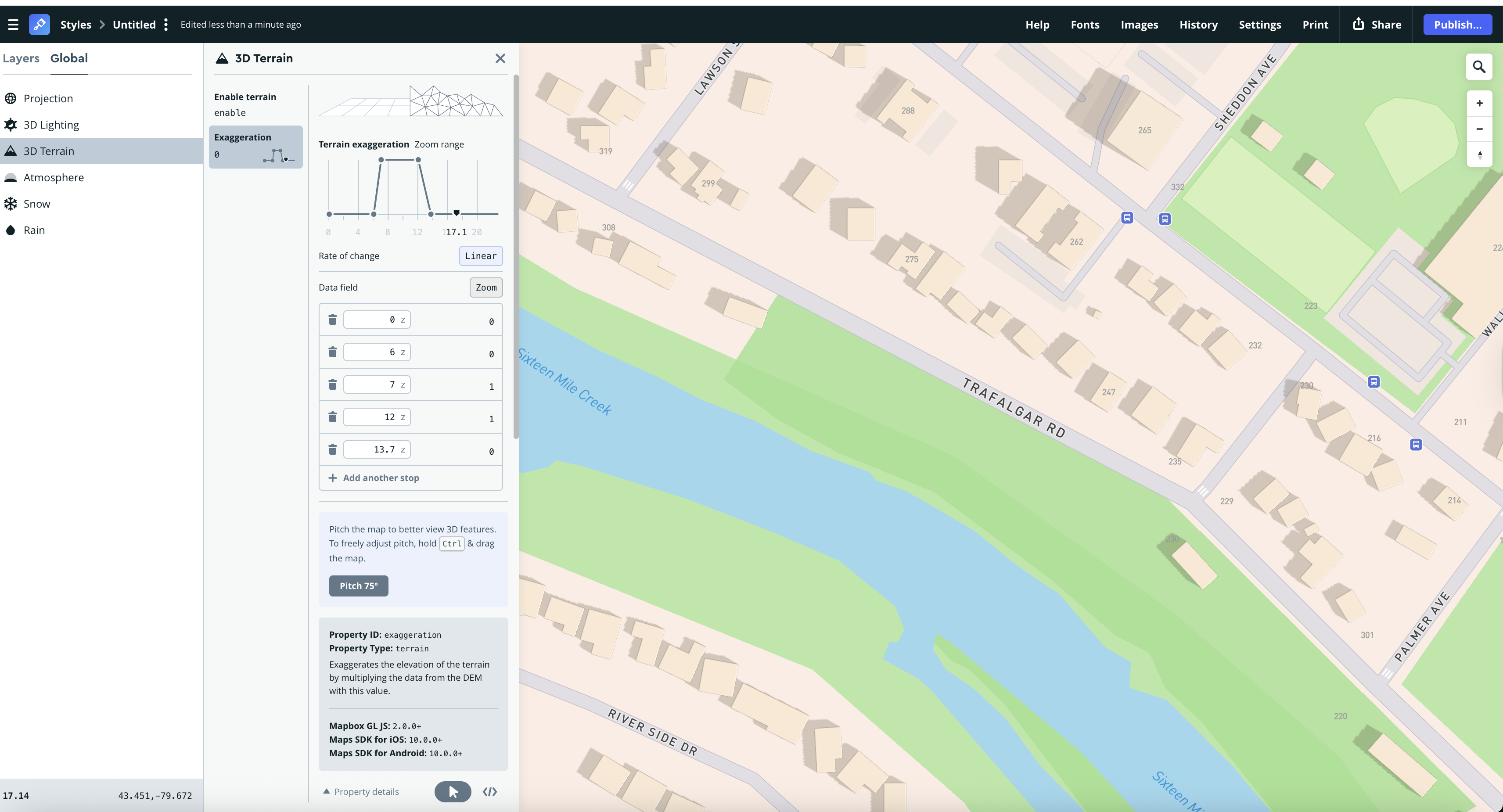 The 3D Terrain settings highlight terrain exaggeration values used to adjust elevation along Sixteen Mile Creek.