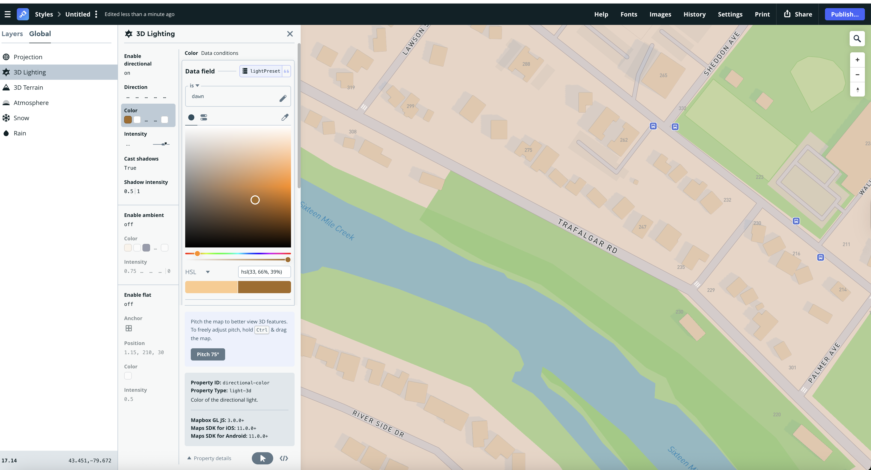 The 3D Lighting panel shows warm directional lighting applied to enhance shadows and depth across the neighborhood map.